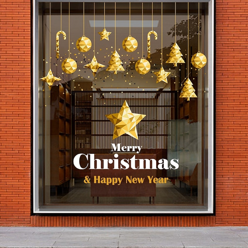 Christmas Window Clings Xmas Wall Sticker Gold Bell Star English Design Glass Decals for Mall Window Door Holiday Decoration Static Cling Festive Home Party Accessory3