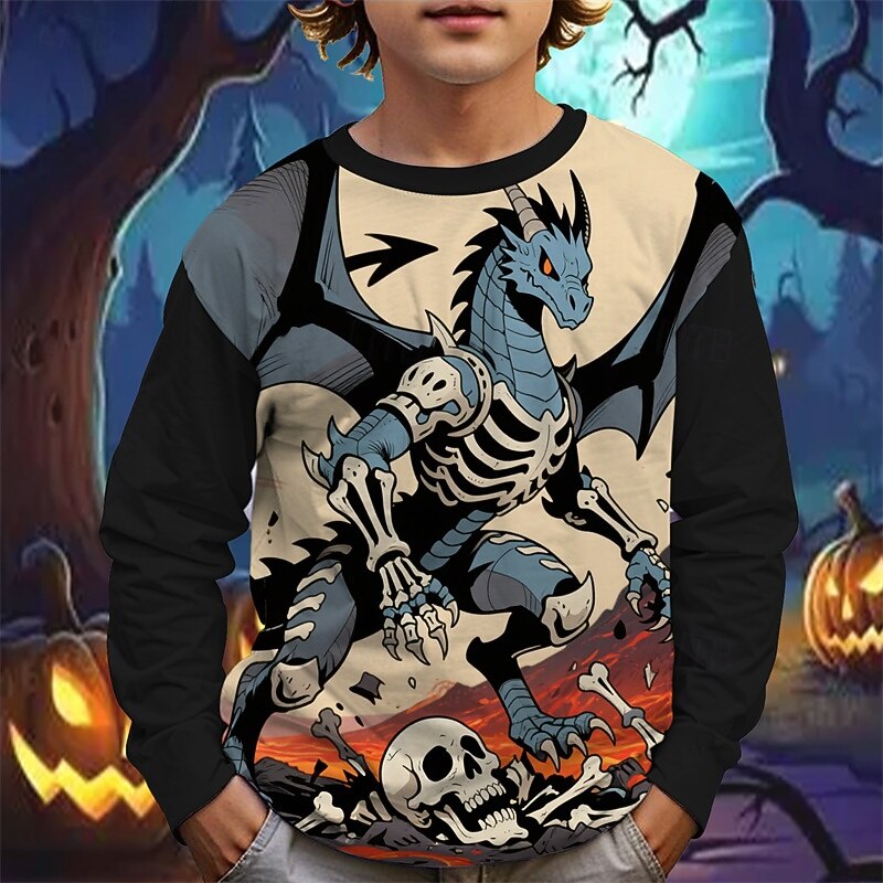 Halloween Boys' 3D Cartoon Skull Dinosaur T shirt Tee Long Sleeve Spring Fall Fashion Basic Kids 4-12 Years Crew Neck Outdoor Casual Daily Regular Fit3