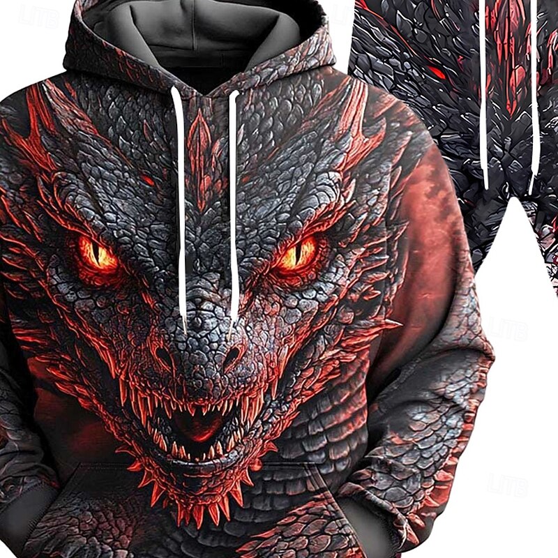 Men's Dragon 2pcs 3D Sweatshirt Sets Tracksuit Hoodie Sweatshirt Long Sleeve Long pants Hooded Casual Daily Athleisure 3D Print Spring Fall Winter Red2
