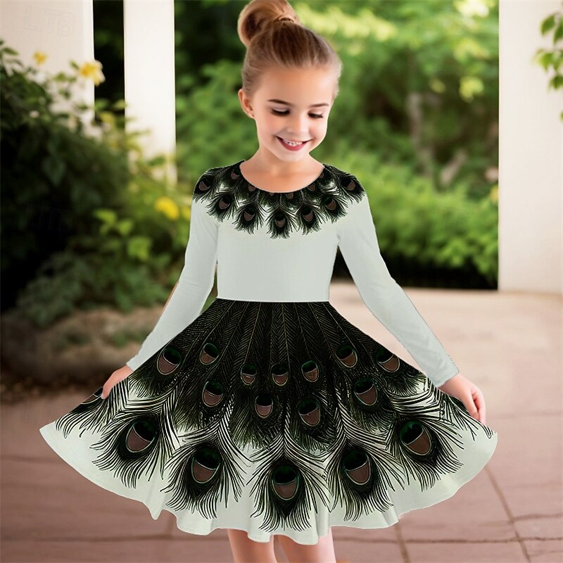Girls' 3D Feathers Dress Long Sleeve Summer Spring Vacation Daily Holiday Princess Beautiful Sweet Kids 4-12 Years Casual Dress A Line Dress Knee-length Regular Fit4