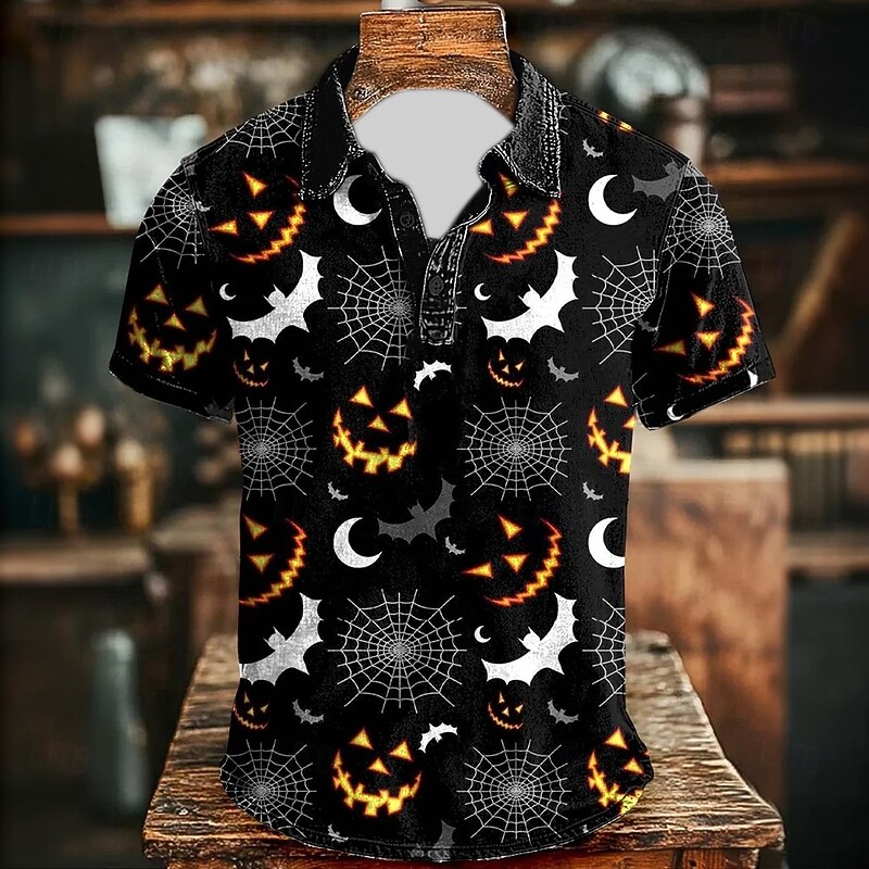 Halloween Men's Pumpkin Bat Polo Short Sleeve Polo Shirts Collared Shirts Vintage Casual Dark Athleisure Daily Wear Festival Wear 3D Print Buttons Summer Black Orange2