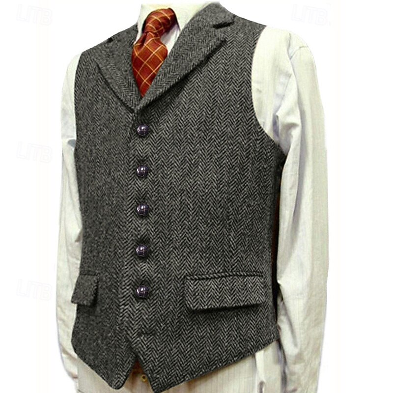Men's Vest Waistcoat Gilet Vacation Party Business Fashion Casual Spring Fall Pocket Buttons Polyester Comfortable Plain Single Breasted One-button Lapel Regular Fit Black Green Khaki Light Grey Vest2