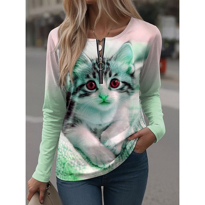 Women's T Shirt Graphic Animal Vintage Casual Long Sleeve Crew Neck Notched Neck Regular Tops Daily Weekend Zipper Print Pink Purple Green Spring Fall Winter3