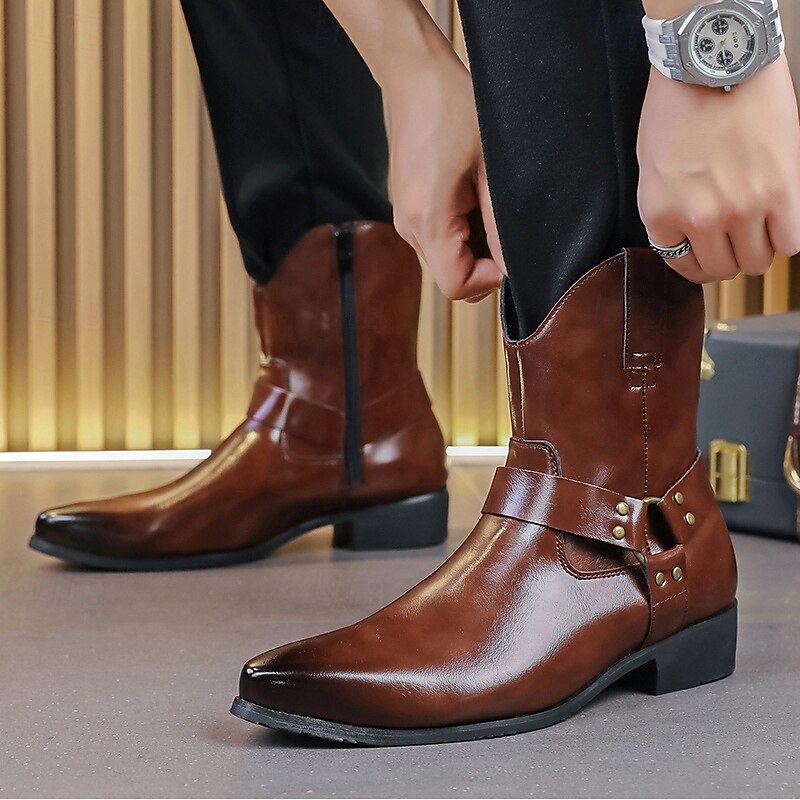 Men's Brown Leather Ankle Boots with Side Zipper and Buckle Strap, Stylish Dress Boots for Business, Evening Party and Formal Occasions4