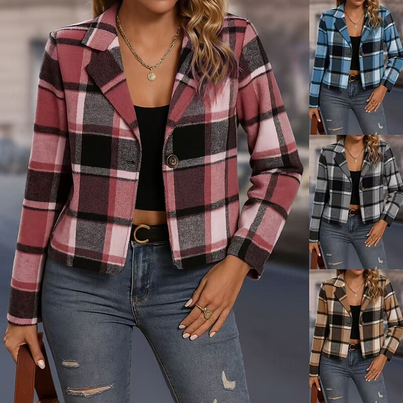 Women's Casual Jacket Comfortable Breathable Print Casual Plaid Vacation Street Casual Daily Wear Single Breasted Short Turndown Regular Fit Long Sleeve Outerwear Sky Blue Fuchsia Khaki Spring Fall