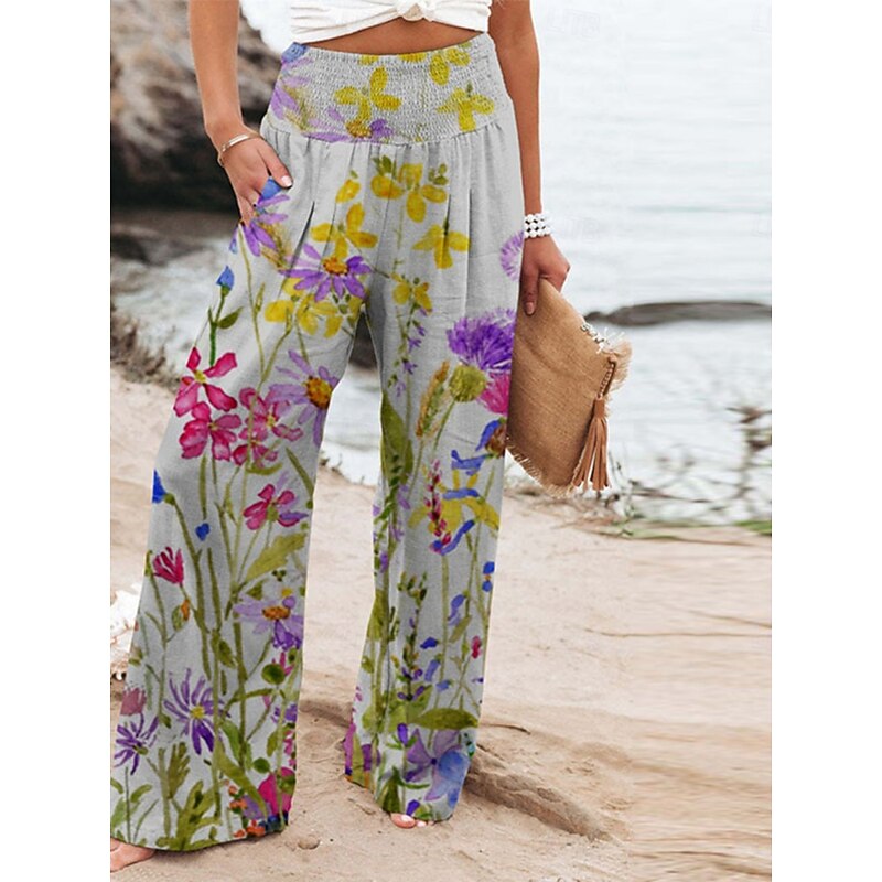 Women's Cotton Linen Pants Wide Leg Chinos Vacation Vintage Ethnic Style Full Length High Waist Floral Pocket Elastic Waist Printing Comfort Outdoor Stretchy Street Causal Daily Grey Red Blue Dark3