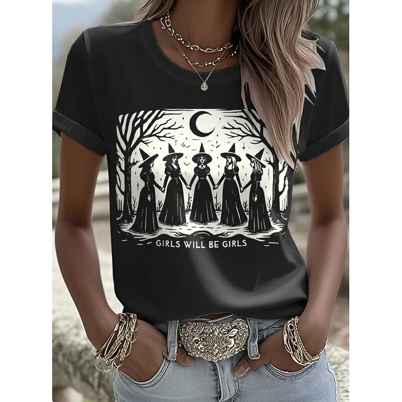 Halloween Women's T shirt Witch Graphic Vintage Stylish Classic Short Sleeve Crew Neck Round Neck Regular Tops Daily Weekend Print Black Orange Green Fall Winter2