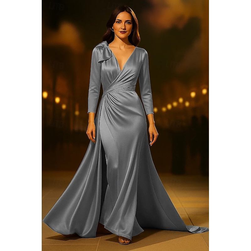 Gold A-Line Evening Gown Elegant Dress Formal Wedding Sweep / Brush Train 3/4 Length Sleeve V Neck Satin with Bow(s) Ruched 20252