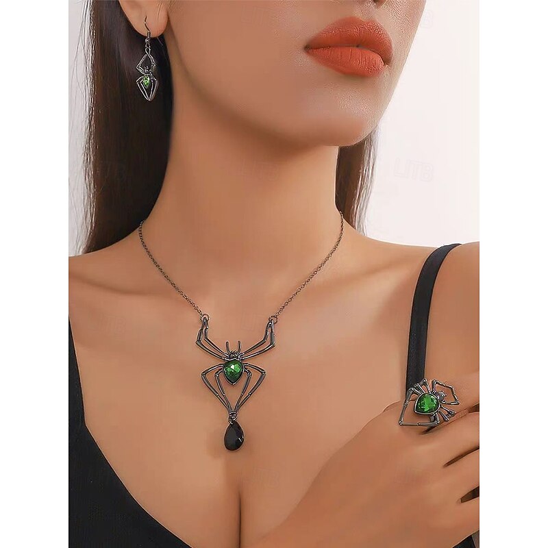 Women's Halloween Spider Jewelry Set – Gothic Necklace, Earrings and Ring with Green Crystal Accents, Costume Accessories for Party and Cosplay