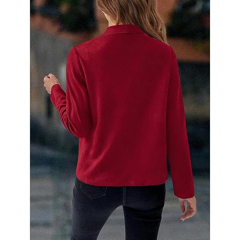 Women's Casual Jacket Comfortable Breathable Pocket Fashion Casual Plain Vacation Street Casual Daily Wear Open Front Short Turndown Regular Fit Long Sleeve Outerwear Navy Black Red Spring Fall3