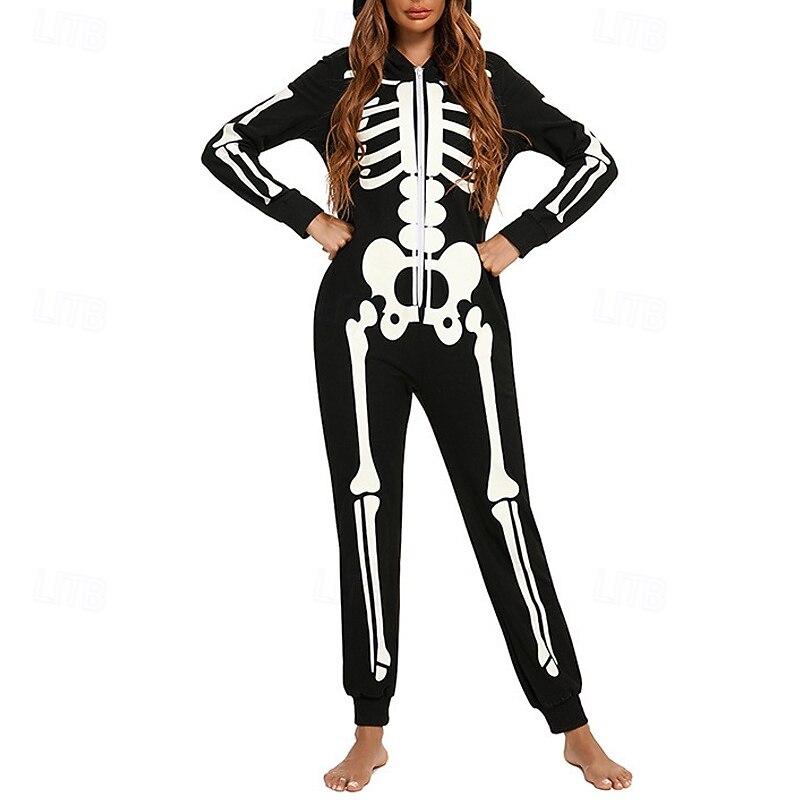Family Pajamas Jumpsuit Skull Halloween pattern Home Print Black Long Sleeve Active Matching Outfits3