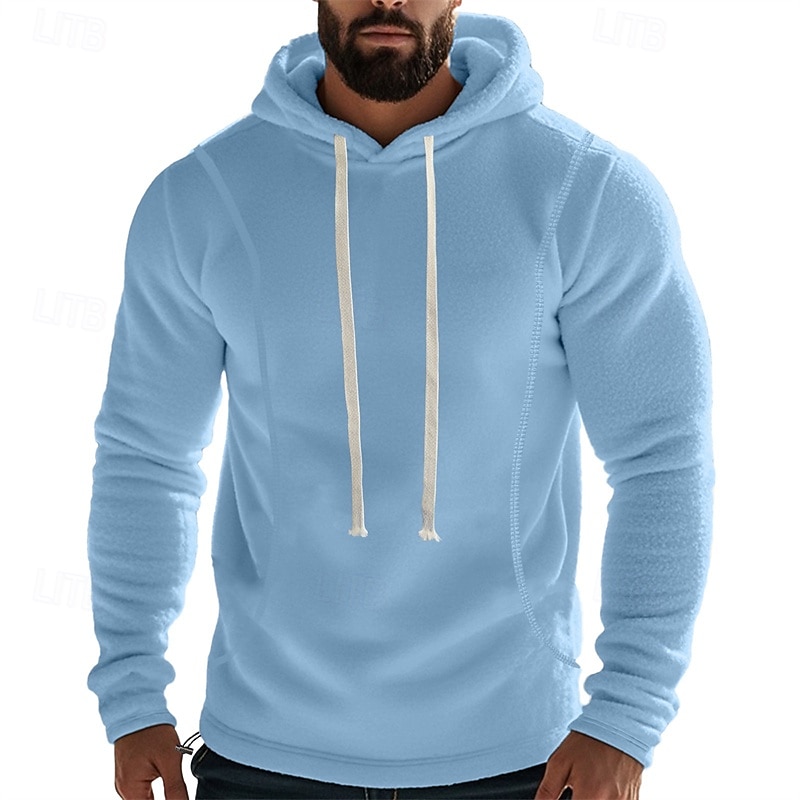 Men's Hoodie Polar Fleece Black Army Green Khaki Dark Gray Light Blue Hooded Plain Drawstring Sports & Outdoor Daily Holiday Polyester Streetwear Basic Casual Fall Winter Clothing Apparel Hoodies