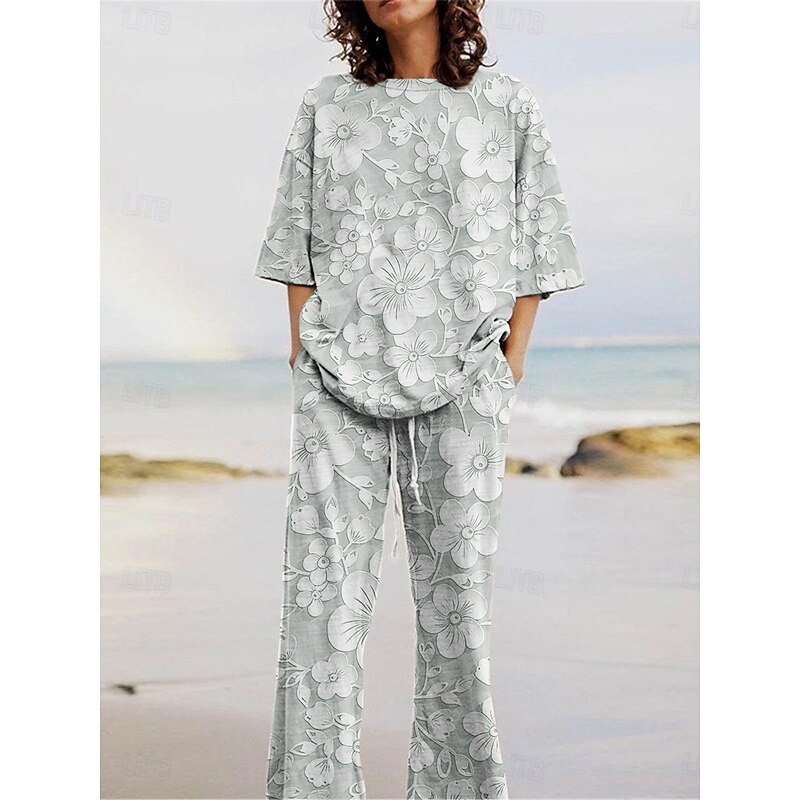 Women's Active Fashion Pants Sets 3/4 Length Sleeve Crew Neck Floral Print Vacation Daily Holiday Purple Green Khaki Summer Regular Fit2