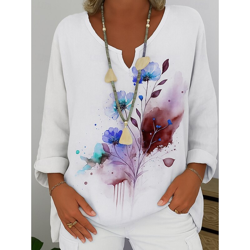 Women's Shirt Floral Graphic Abstract Elegant Bohemia Vintage Long Sleeve V Neck Regular Tops Daily Holiday Pink Blue Purple Green Summer Spring4