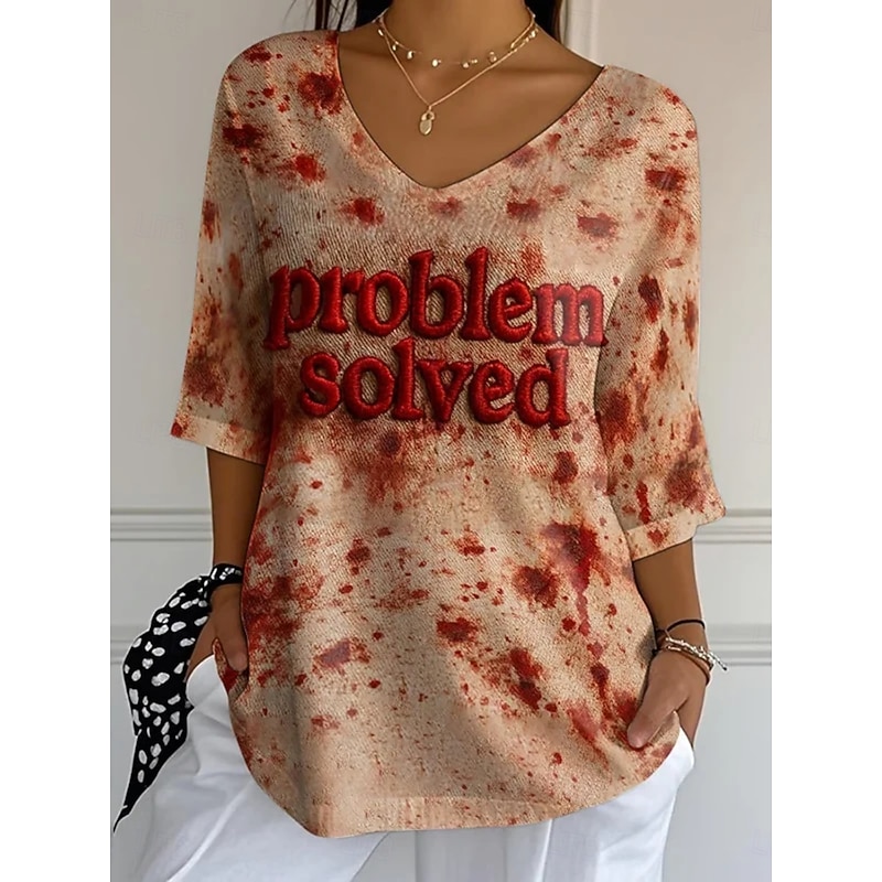 Women's Blouse Graphic Letter Daily Casual 3/4 Length Sleeve V Neck Regular Tops Daily Holiday Print Red Summer Spring Fall