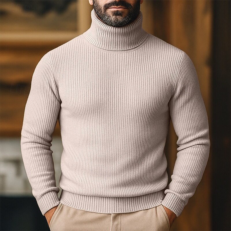 Men's Sweater Pullover Sweater Jumper Ribbed Knit Regular Tops Knitted Slim Fit Plain Turtleneck Knitwear Contemporary Casual Daily Wear Clothing Apparel Fall Winter Wine Black S M L2