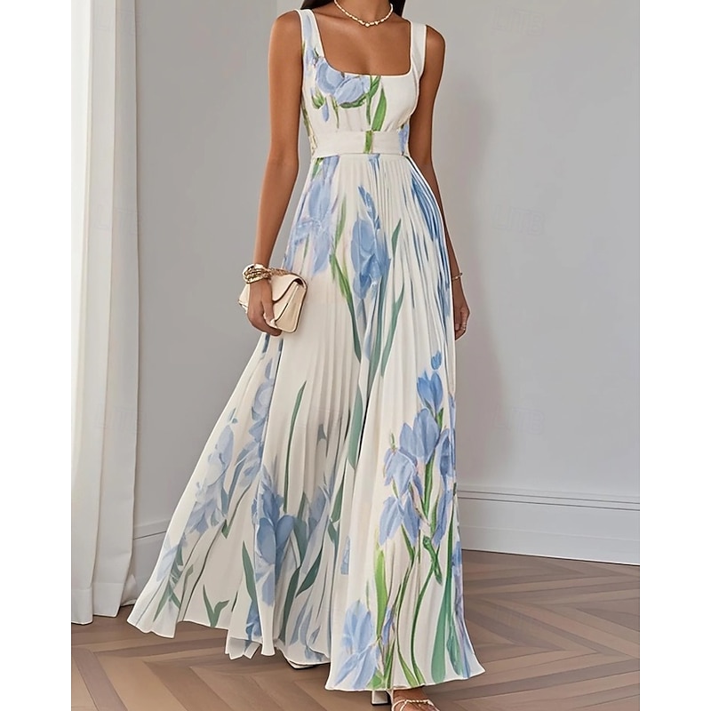 Women's Long Dress Maxi Dress Prom Dress Party Dress Print Dress Fashion Modern Party Birthday Evening Party Regular Fit Flower Sleeveless Square Neck White Yellow Pink Blue Summer