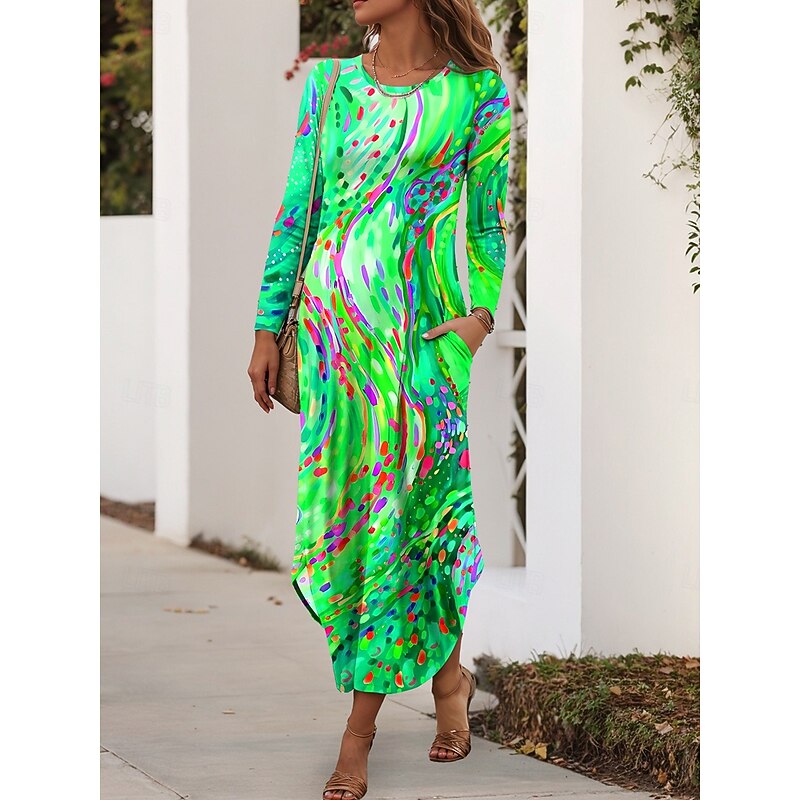 Women's Maxi Dress Sheath Dress T Shirt Dress Tee Dress Vacation Casual Daily Regular Fit Graphic Geometric Abstract Long Sleeve Crew Neck Red Blue Purple Green Summer Spring Fall4