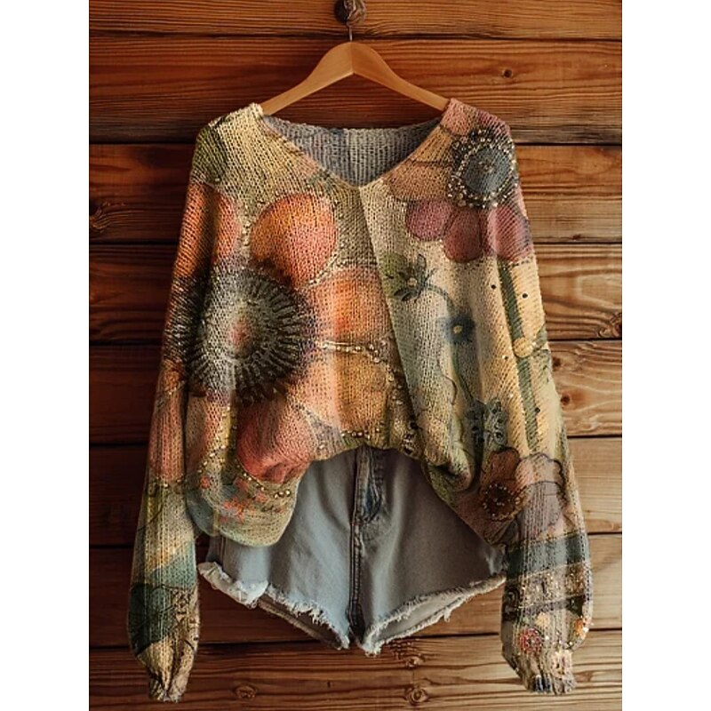 Women's Sweater Casual Soft Geometric Vintage Long Sleeve Crew Neck Regular Tops Daily Holiday Print Yellow Blue Purple Green Spring Fall Winter2