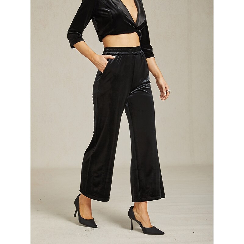 Women's Wide Leg Chinos Elegant Vintage Classic Style Ankle-Length High Waist Solid Color Elastic Waist Vintage Style Wide Leg Thermal Warm Comfy Stretchy Formal Wedding Party Black Spring Fall Winter