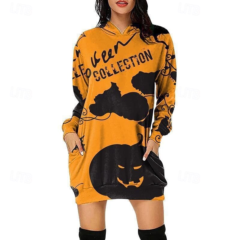 Women's Mini Dress Hoodie Dress Casual Dress Fashion Modern Halloween Daily Weekend Regular Fit Pumpkin Long Sleeve Hooded Black White Yellow Red Spring Fall3