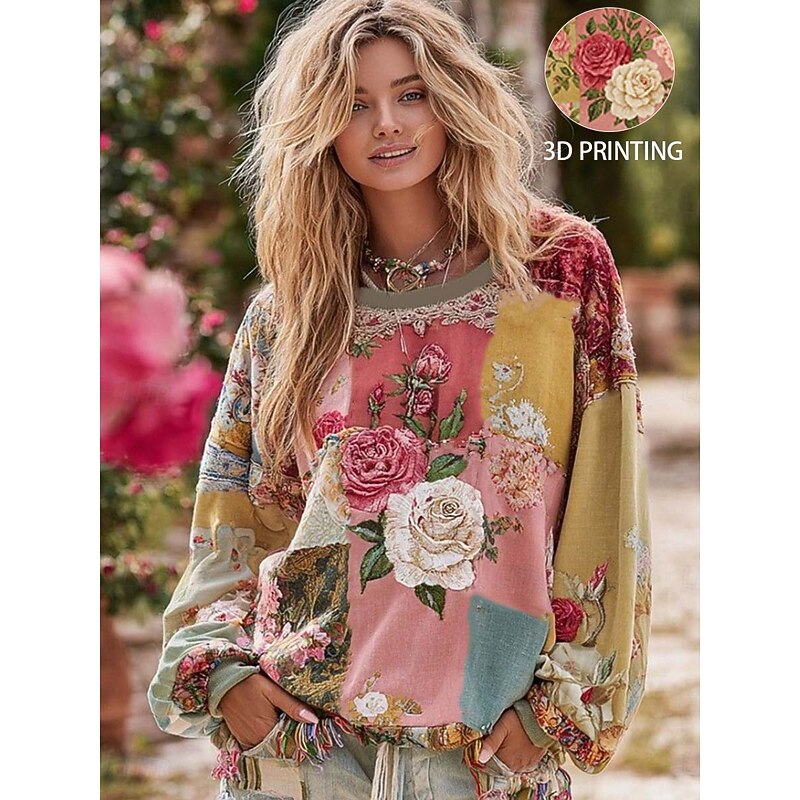 Women's 3D Print Vintage Boho Hoodie Patchwork Hoodie Sweatshirt Floral Pullover Sweatshirt Warm Active Vintage Long Sleeve Tops Street Dailywear Patchwork Yellow Red Blue Orange Spring Fall Winter2