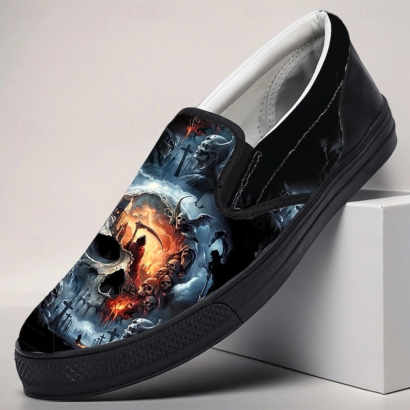 Men's Halloween Skull Print Slip-On Shoes – Spooky Casual Loafers for Parties, Festivals and Daily Wear2