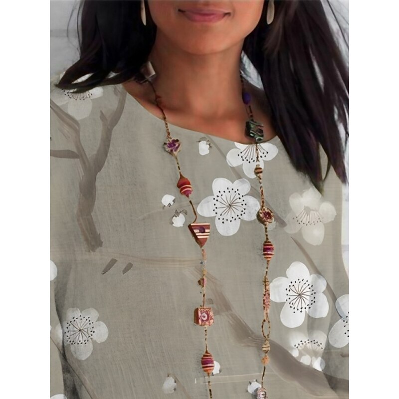 Women's Shirt Floral Daily Casual 3/4 Length Sleeve Crew Neck Regular Tops Daily Holiday Print Beige Gray Summer Spring Fall2