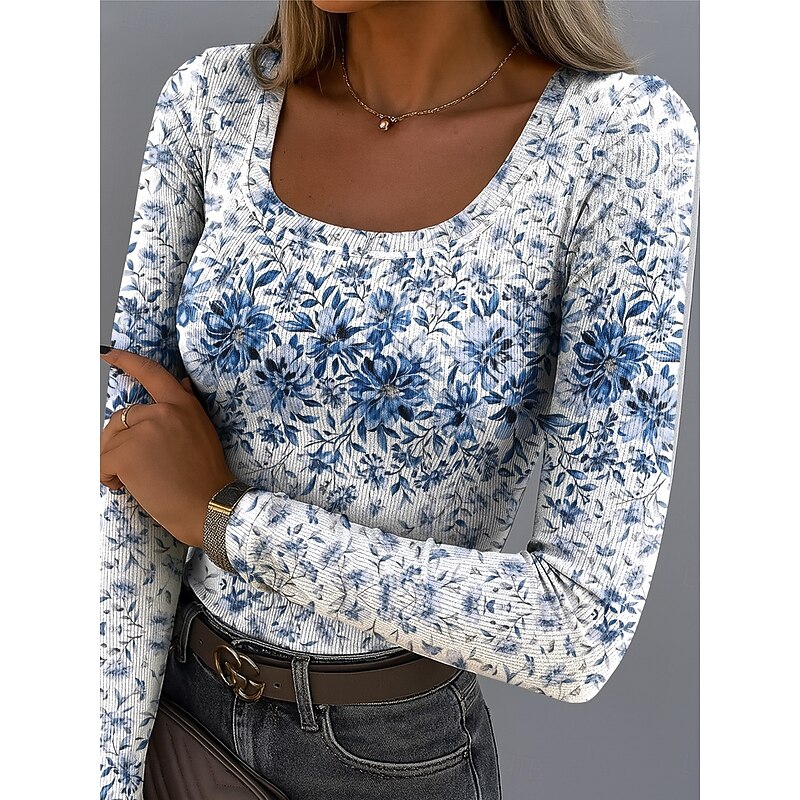 Women's Tunic Floral Graphic Plants Vintage Fashion Stylish Long Sleeve Square Neck Regular Tops Daily Print White Yellow Light Green Pink Royal Blue Spring Fall