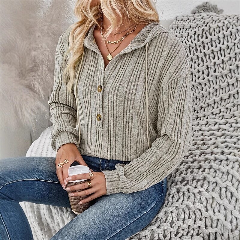 Women's Pullover Hoodie Sweatshirt Plain Streetwear Casual Long Sleeve Hooded Regular Tops Street Dailywear Buttons Khaki Spring Fall2