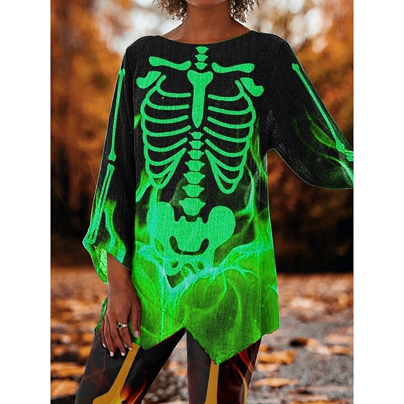 Halloween Women's Blouse Skulls Graphic Vintage Stylish Casual 3/4 Length Sleeve Crew Neck Regular Tops Daily Print White Yellow Pink Blue Orange Spring Fall4