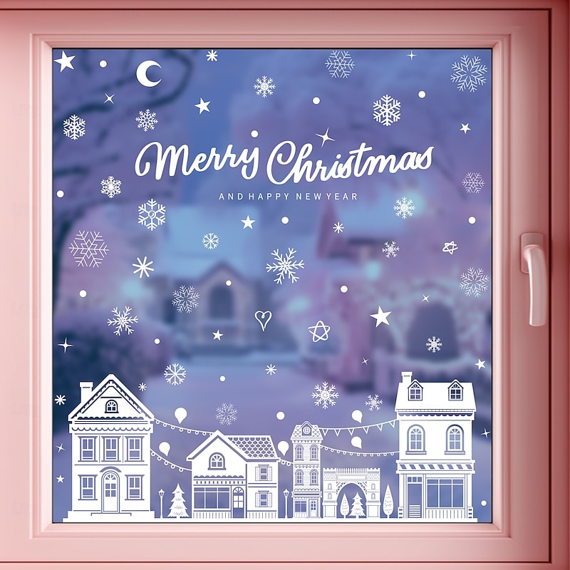 4 Sheets Christmas Window Cling Wall Sticker Decals Decorations, Reindeer, Snowflakes, Creative Sleigh, Moon & Snow Houses, Static Cling, Holiday Home & Store Decor2