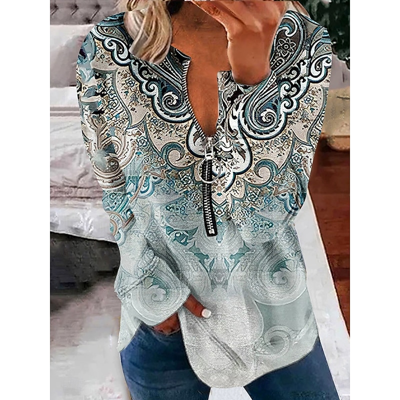 Women's Pullover Sweatshirt Zip Up Sweatshirts Floral Graphic Paisley Fashion Casual Long Sleeve Crew Neck V Neck Regular Tops Street Dailywear Zipper Print Army Green Spring Fall Winter