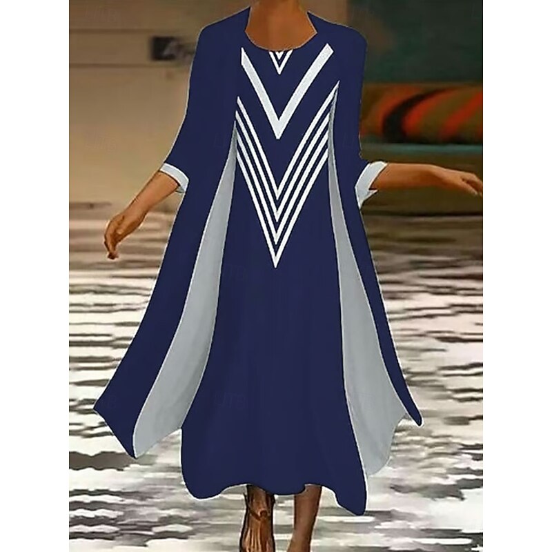 Women's Dress Set Maxi Dress Shift Dress Summer Dress Casual Graphic Geometric Layered Print Maxi Dress 3/4 Length Sleeve Crew Neck Daily Black Blue Orange Spring Fall Loose Fit4