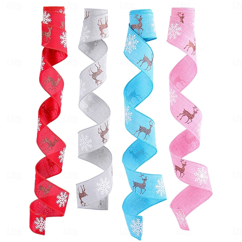 Christmas Ribbons for Crafting, Xmas Wired Edge Ribbon, Reindeer Bow Decoration, Gift Wrap Ribbon, Christmas Tree Ornament, Festive Holiday Supplies2