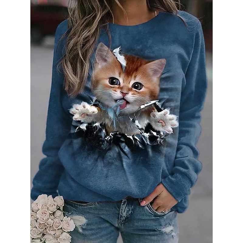 Women's Sweatshirts Graphic Animal Vintage Casual Long Sleeve Crew Neck Regular Tops Home Dailywear Casual Print Pink Blue Khaki Summer Spring Fall