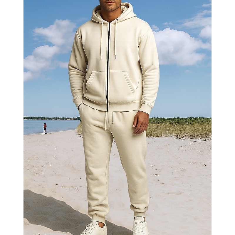 Men's Tracksuit Fleece Hoodie Two Piece Outfits Full Zip with Pocket Solid Colored Clothing Suit Fall Black Army Green Outdoor Travel Sports High Waist Thermal Warm Long Sleeve Sport Activewear3