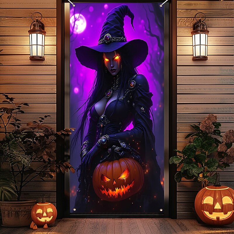 Halloween Door Cover Outdoor Banners Witch 3D Dark Punk Gothic Style Party Outdoor Shooting Backgrounds Front Door Wall Porch Home Decor2