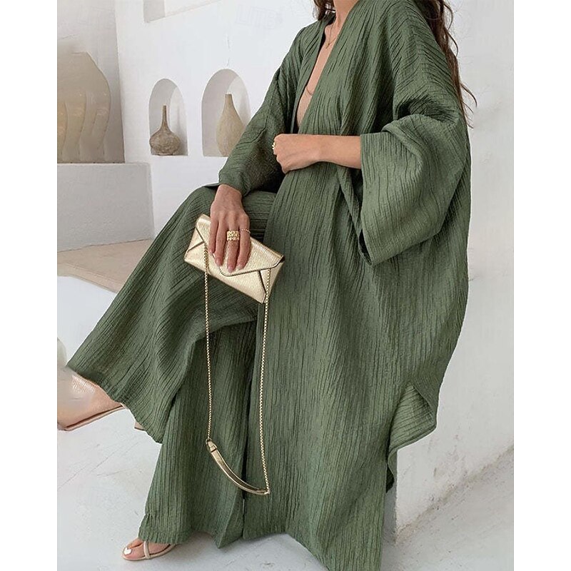 Women's Active Fashion Blouse Pants Sets Long Sleeve V Neck Solid Color Split Thigh Going out Casual Daily Dark Green Brown Khaki Fall Regular Fit3