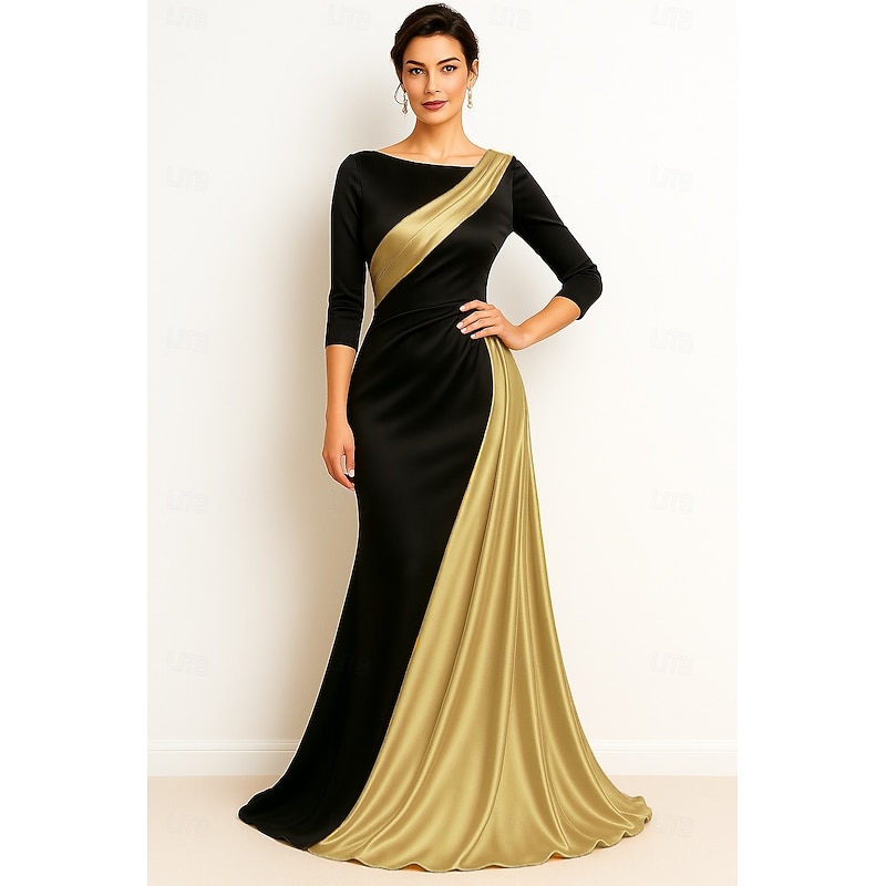 Black Gold A-Line Evening Gown Elegant Dress Formal Wedding Floor Length Long Sleeve Boat NeckMother Of the Bride Dress Stretch Satin with Pleats