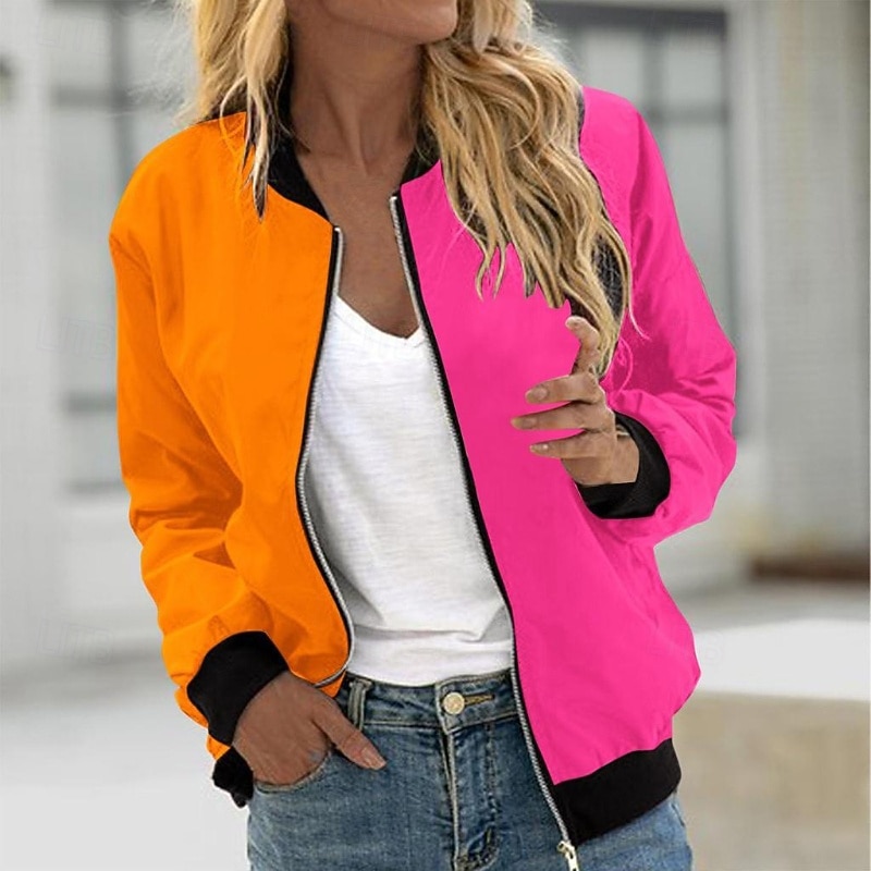 Women's Casual Jacket Comfortable Patchwork Zipper Casual Color Block Going out Weekend Zipper Regular Crewneck Regular Fit Long Sleeve Outerwear Black White Pink Fall3