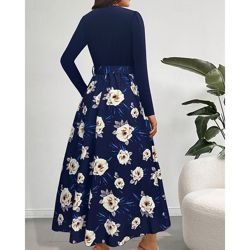 Women's Long Dress Maxi Dress Print Dress Fashion Outdoor Vacation Holiday Regular Fit Flower Long Sleeve V Neck Blue Fall4