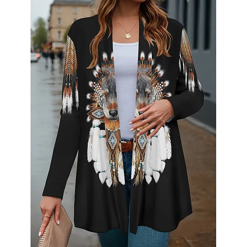 Women's Winter Coat Trench Coat Lightweight Comfortable Print Open Front Vintage Fashion Casual Animal Vacation Casual Long Collarless Regular Fit Long Sleeve Outerwear Black Blue Spring Fall2