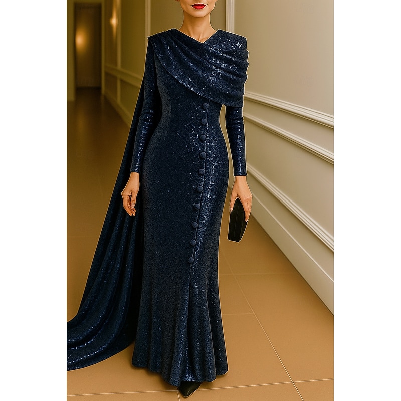 Black Red Sequined Sheath / Column Evening Gown Elegant Dress Formal Wedding Floor Length Long Sleeve High Neck Capes with Glitter 20253