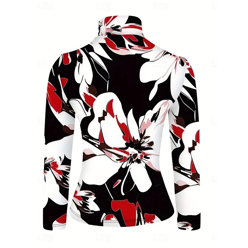 Women's T Shirt Floral Graphic Elegant Vintage Stylish Long Sleeve Turtleneck High Neck Asymmetric Neck Regular Tops Daily Print Tiered Red Green Spring Fall Winter3