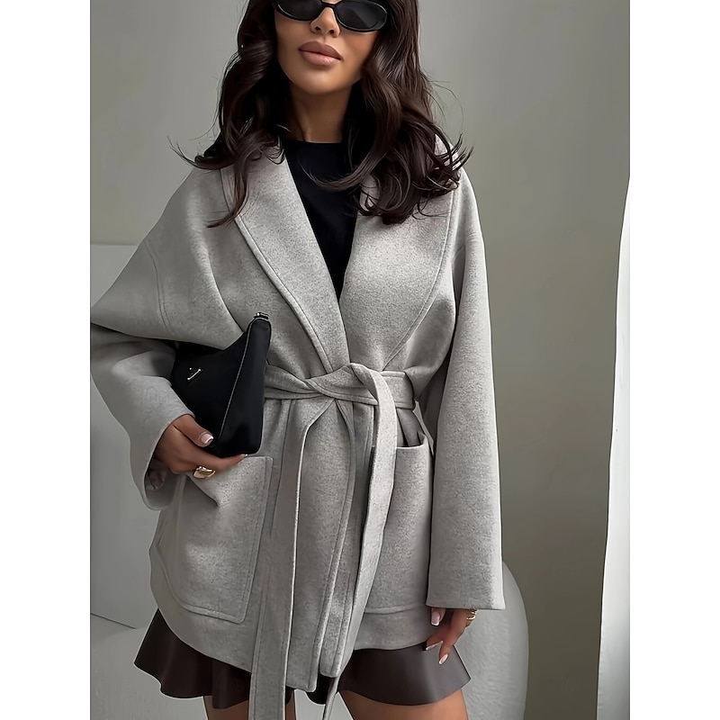 Women's Blazer With Belt Solid Color Casual / Daily Fashion Loose Fit Outerwear Long Sleeve Light Grey S2