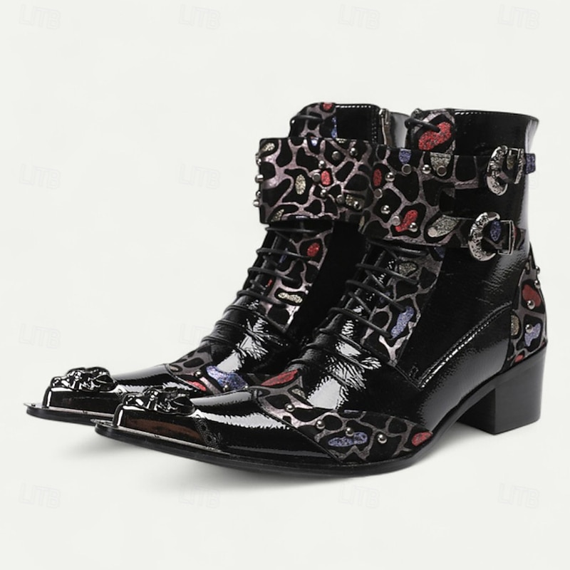 Men's Black Patent Leather Buckle Ankle Boots with Floral Pattern – Rock Gothic Style Party & Nightlife Fashion Shoes2