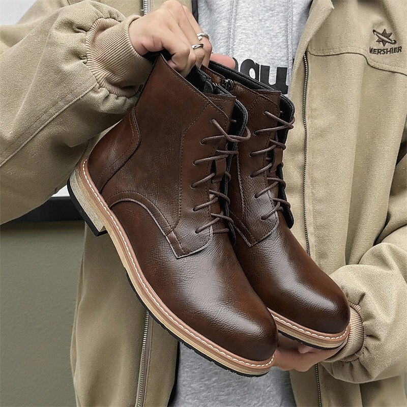 Men's Brown Faux Leather Lace-Up Ankle Boots, Classic Casual Outdoor Footwear for Work and Daily Wear2