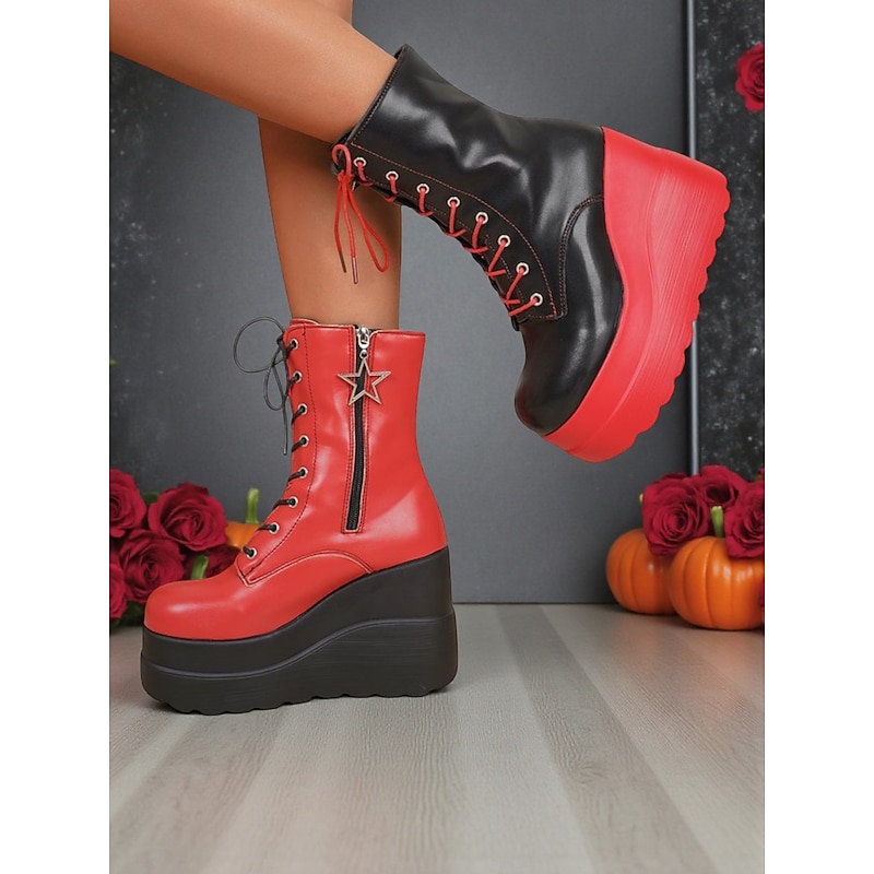 Women's Red and Black Platform Lace-Up Ankle Boots - Bold Gothic Chunky Heel Combat Style Shoes for Nightlife and Halloween Party Outfits3