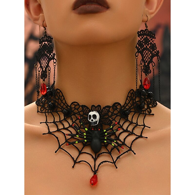 Women's Halloween Spider and Skull Necklace and Earring Set – Black Lace Web Design with Red Gem, Perfect for Halloween Parties and Costumes